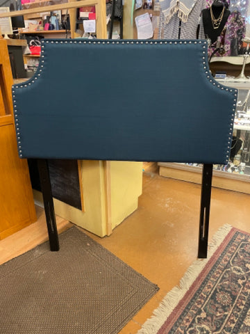 Blue Upholstered Headboard with Nail Head Trim