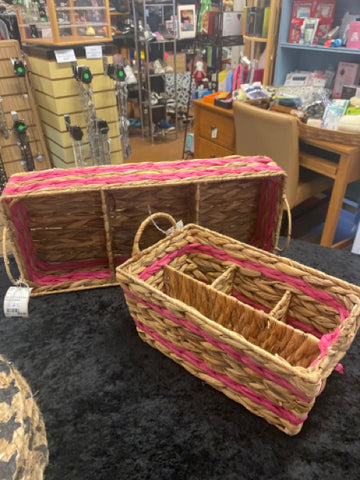 Pink Stripe Woven Basket Serving Set of Two