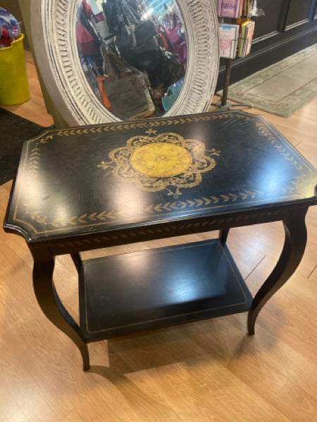 Black Ornate Two Tier Table With Gold Designs
