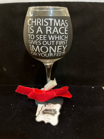 NWT Mudpie “Christmas is a race…” Wine Glass