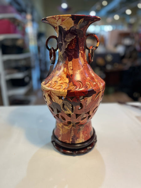 Multi-color Floral Carved Vase w/ Stand