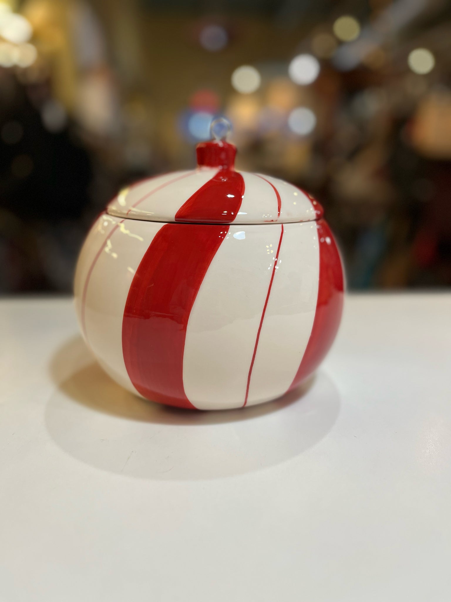 White & Red Swirl Ornament Cookie Jar