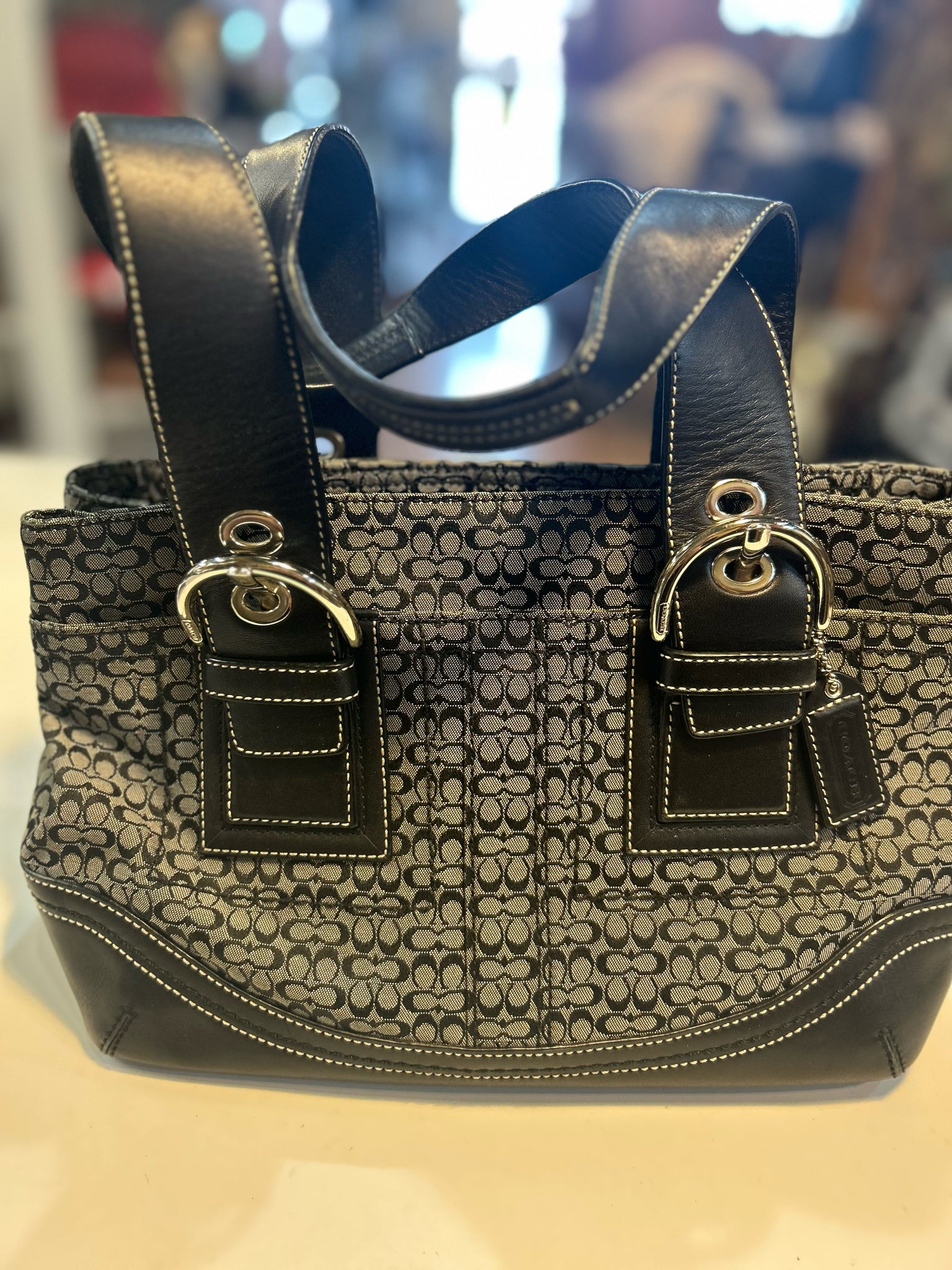 Coach Black "soho Signature Jacquard Leather Trim Shoulder" Handbag