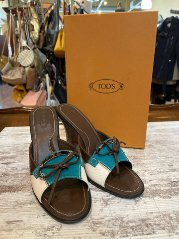 TODS Turquoise & White Strap Heels
