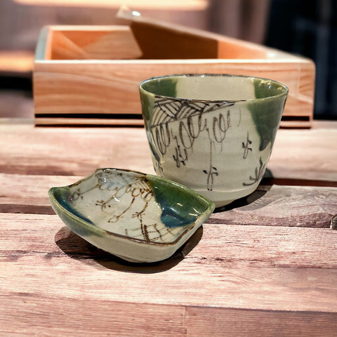 Vintage Japanese Oribe Tea Bowl & Dish Set