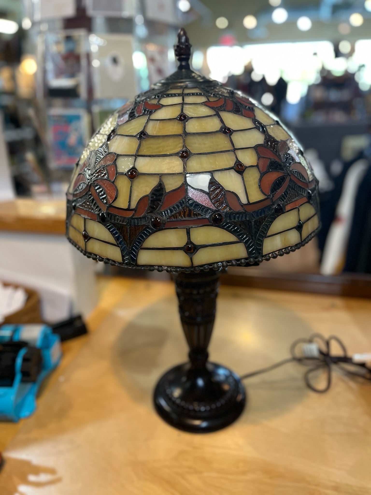 Vintage Brown Stained Glass Tiffany Style Lamp