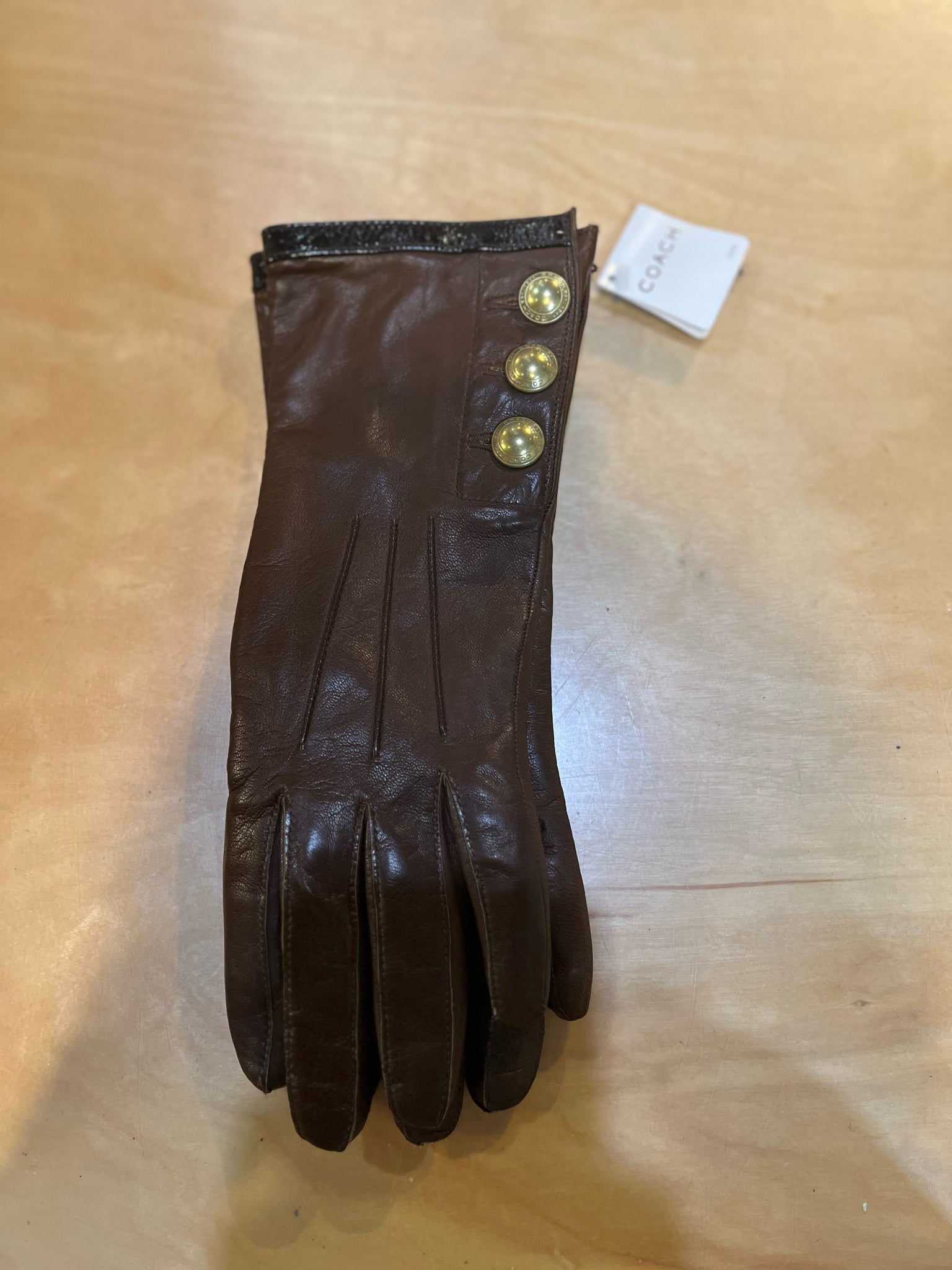 NWT Coach Brown Leather & Button Gloves