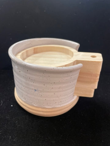 White Stoneware Snack Holder w/ Wood Dish