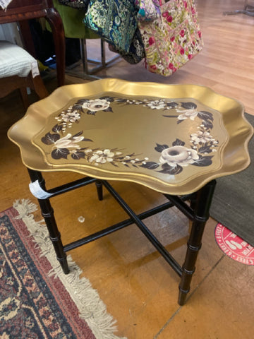 Gold Metal Floral Tray with Wood Stand