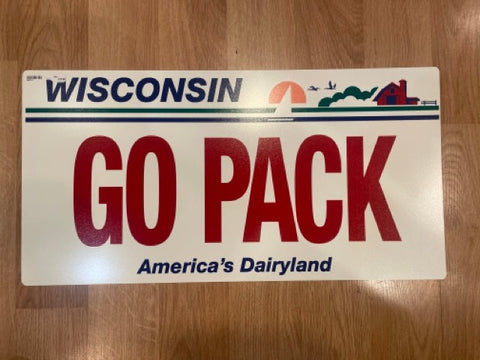 "Go Pack" Wisconsin license plate style plastic sign (23.5" x 12")