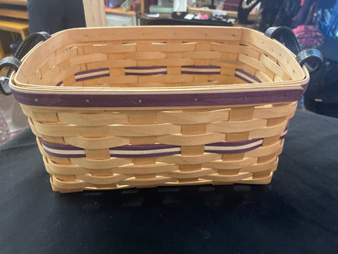 Longaberger Light Brown Basket with Black Leather Handles and Purple Detail