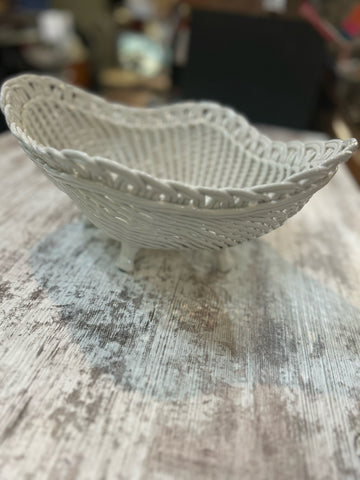 Italian white ceramic woven oval pedestal bowl