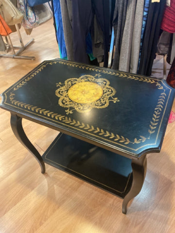 Black Ornate Two Tier Table With Gold Designs