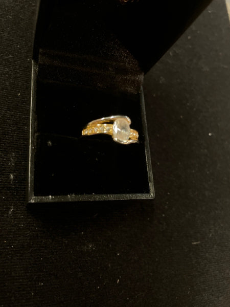 Oval CZ on Stainless Gold Tone Band Size 8 Ring