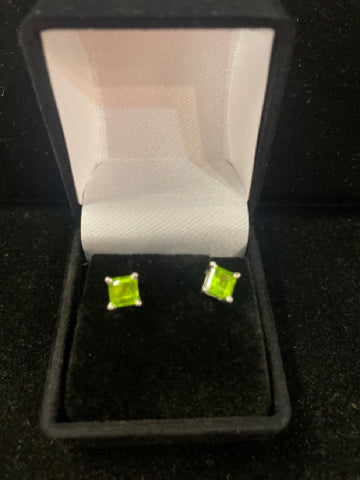 Square Earrings with Green Stone