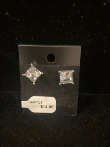 Square Stud Earrings with Clear Stone