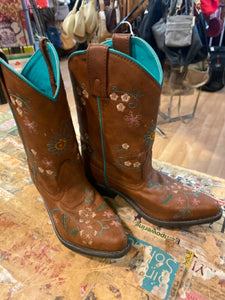 Brown Floral Embroidered Leather Boots with Turquoise Lining Child Size 1